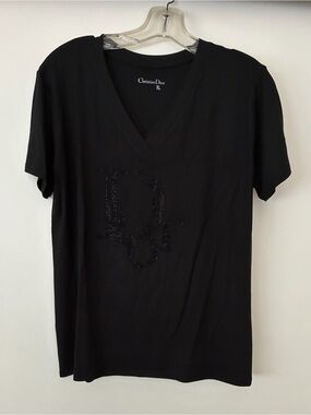 New Womens Rhinestone Black Embellished Luxury T-Shirt Size XL